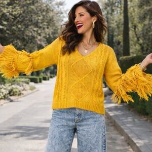 Boho Knit Pullover Mustard Yellow Fringe Sleeve Sweater Women Medium